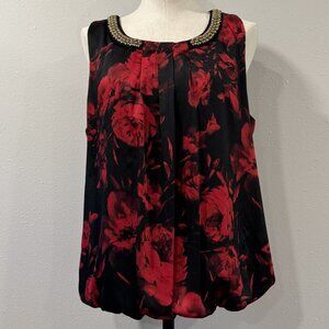 AGB Womens Tunic Top Red Black Sleeveless Rhinestone Beads Detail Keyhole Sz XL